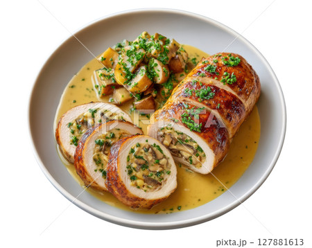 Savory Refined Chicken Ballotine with Mushroom Filling Presented on a Plate with Herb Sauce and Fresh Potatoes Savory Refined Chicken Ballotine with Mushroom Filling Presented on a Plate with Herb Sauce and Fresh Potatoes 127881613