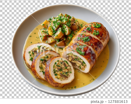 Savory Refined Chicken Ballotine with Mushroom Filling Presented on a Plate with Herb Sauce and Fresh Potatoes Savory Refined Chicken Ballotine with Mushroom Filling Presented on a Plate with Herb Sauce and Fresh Potatoes 127881613