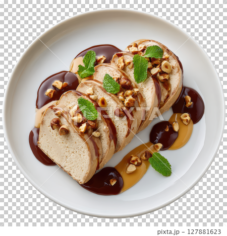 Luxurious Italian Hazelnut Semifreddo with Creamy Mousse Texture and Toasted Hazelnuts on Plate Luxurious Italian Hazelnut Semifreddo with Creamy Mousse Texture and Toasted Hazelnuts on Plate 127881623