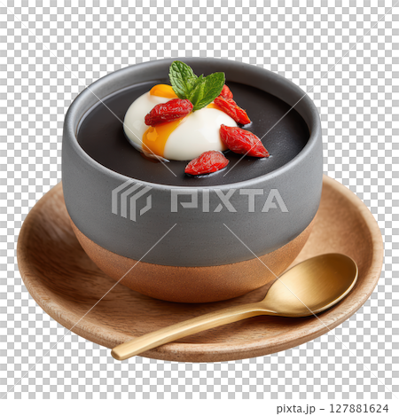 Rich and Thick Black Sesame Dessert Soup Garnished with Yogurt and Goji Berries in Elegant Bowl 127881624