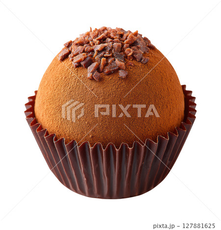 Chocolate dessert truffle with cocoa powder and chocolate sprinkles in a brown paper cup on a white background 127881625