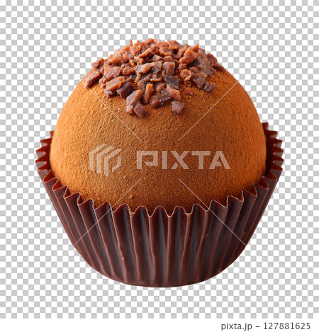 Chocolate dessert truffle with cocoa powder and chocolate sprinkles in a brown paper cup on a white background 127881625