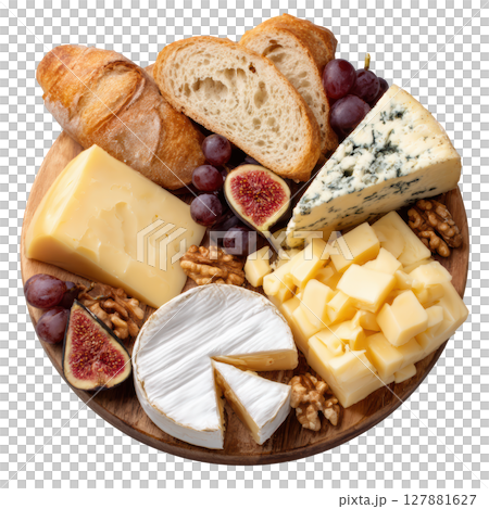 Artisan Cheese Plate Featuring Fine French Selections of Brie, Roquefort, Comte, Grapes, and Fresh Breads 127881627