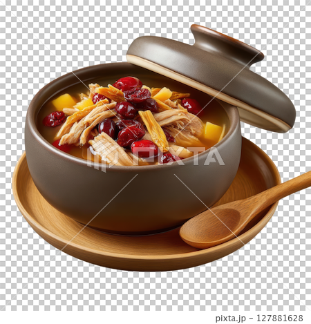 Double Boiled Chicken Soup with Cordyceps and Red Dates in a Rustic Pot on a Wooden Tray 127881628