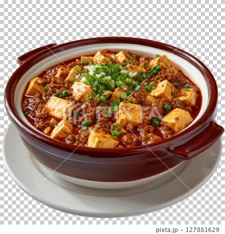 Spicy Mapo Tofu with Minced Beef in Fiery Brown Sauce Served in a Traditional Dish Spicy Mapo Tofu with Minced Beef in Fiery Brown Sauce Served in a Traditional Dish 127881629