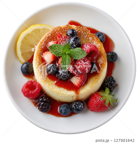 Creamy Lemon Ricotta Cheesecake with Fresh Berries and Citrus Sauce on a White Plate for Culinary Delight 127881642