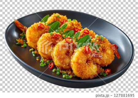 Crispy Fried Prawns with Salted Egg Yolk Coating Garnished with Chili and Herbs on a Black Plate 127881695