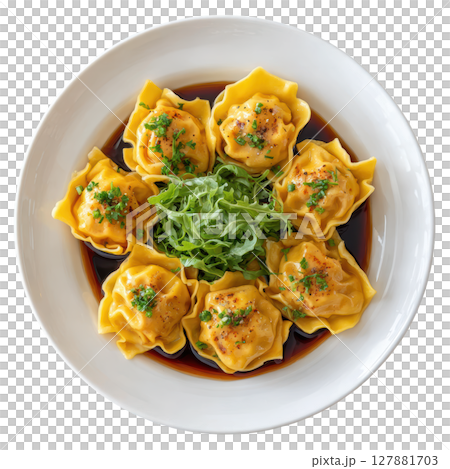 Traditional Agnolotti dal Plin with Roasted Meat in Delicate Pasta Parcels Served on a Plate 127881703