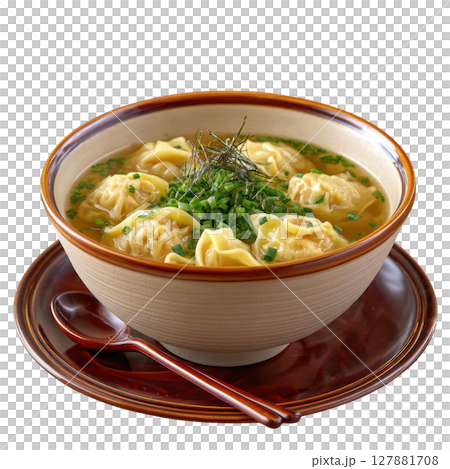 Delicate Pork and Shrimp Wontons in Clear Broth with Scallions and Seaweed Garnish 127881708