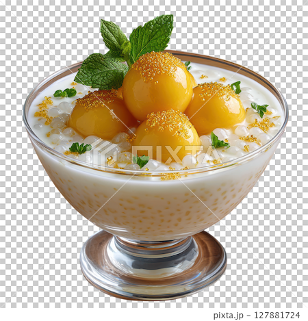 Pandan Infused Tapioca Pearls in Coconut Milk Broth with Mango Sorbet and Edible Gold Dust 127881724