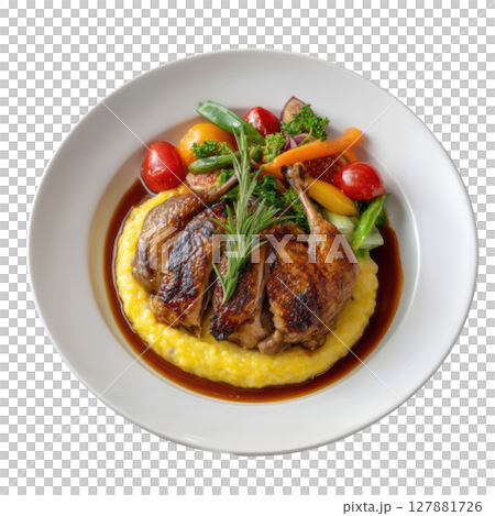 Perfectly Roasted Quail Served With Fig and Balsamic Glaze on a Bed of Creamy Polenta and Colorful Vegetables 127881726