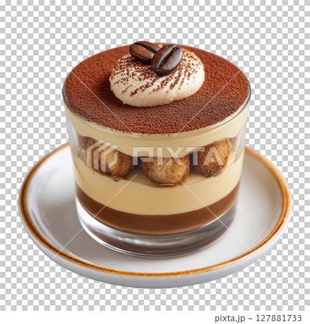 Elegant Tiramisu in Glass with Layers of Coffee Soaked Ladyfingers and Rich Mascarpone Cream Garnished with Cocoa Powder Elegant Tiramisu in Glass with Layers of Coffee Soaked Ladyfingers and Rich Mascarpone Cream Garnished with Cocoa Powder 127881733