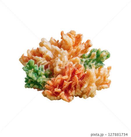 Crispy Vegetable Tempura Served on a White Plate Decorated with Fresh Ingredients and Garnishes 127881734