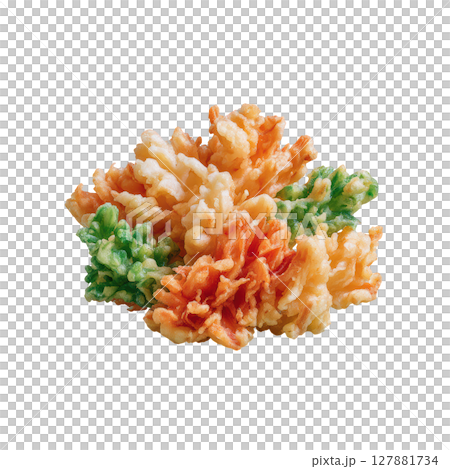 Crispy Vegetable Tempura Served on a White Plate Decorated with Fresh Ingredients and Garnishes 127881734