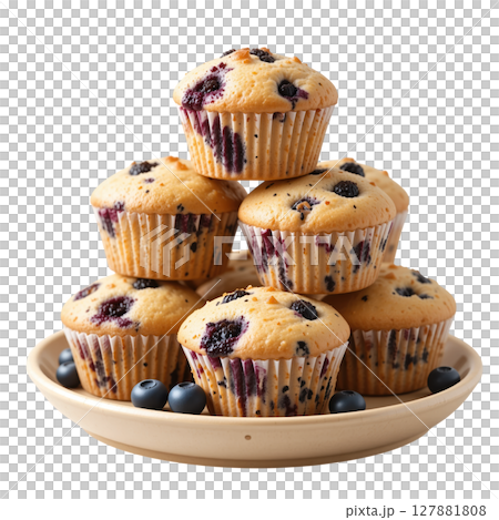 Fluffy blueberry muffins stacked on plate, perfect for breakfast or dessert Fluffy blueberry muffins stacked on plate, perfect for breakfast or dessert 127881808