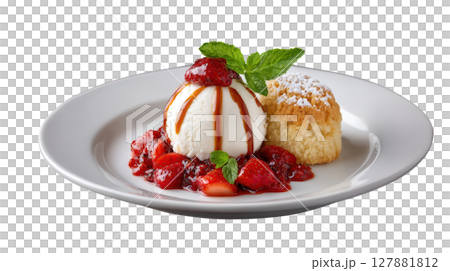 Thai Basil Ice Cream with Strawberry and Black Pepper Compote and Basil Tuile on White Plate 127881812
