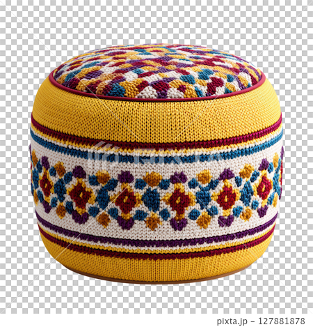 Colorful knitted pouf with intricate geometric patterns in vibrant hues for modern interior decor and cozy settings Colorful knitted pouf with intricate geometric patterns in vibrant hues for modern interior decor and cozy settings 127881878