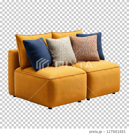 Cozy Yellow Sofa with Decorative Cushions in Modern Living Room Setting Ideal for Contemporary Home Design 127881881