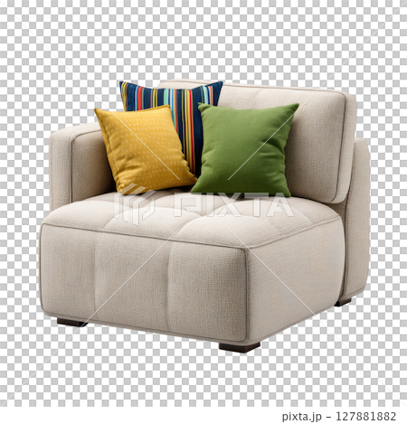 Cozy modern armchair with colorful cushions in a clean, minimalistic living room setting for stylish interior design Cozy modern armchair with colorful cushions in a clean, minimalistic living room setting for stylish interior design 127881882