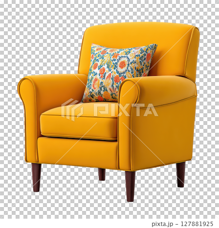 Bright Yellow Armchair with Floral Pillow in Modern Living Room Decor Style 127881925