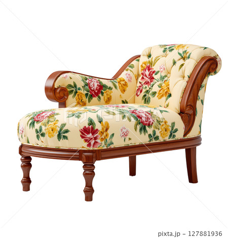 Elegant floral chaise lounge with vintage design and rich wooden accents for classic home decor and interior design enhancement 127881936