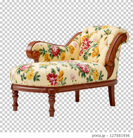 Elegant floral chaise lounge with vintage design and rich wooden accents for classic home decor and interior design enhancement 127881936