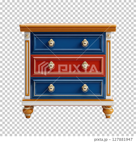 Vibrant Three-Drawer Nightstand with Colorful Finish and Decorative Handles for Bedroom or Living Room Use 127881947