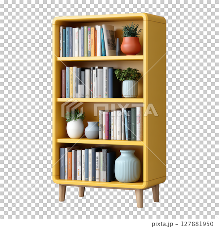 Modern yellow bookshelf with plants and decorative pots filled with books and home decor elements in a cozy living space 127881950