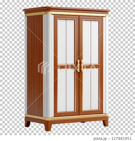 Elegant wooden wardrobe with white panels and gold accents, ideal for modern interior design and organization Elegant wooden wardrobe with white panels and gold accents, ideal for modern interior design and organization 127881951