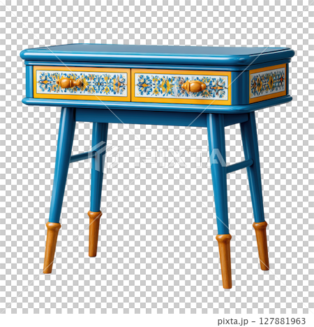 Vibrant Blue Wooden Table with Floral Design and Two Drawers for Stylish Home Decor and Functional Use 127881963