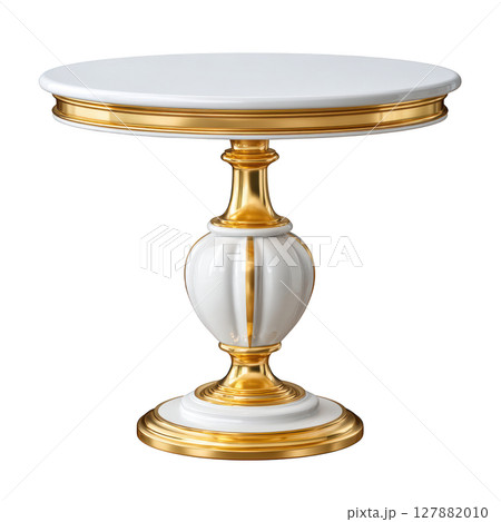 Elegant round table with white top and golden accents for luxurious interior decor or furniture design concepts Elegant round table with white top and golden accents for luxurious interior decor or furniture design concepts 127882010