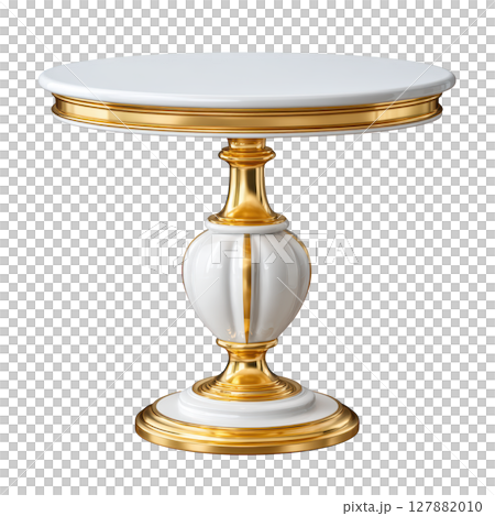 Elegant round table with white top and golden accents for luxurious interior decor or furniture design concepts Elegant round table with white top and golden accents for luxurious interior decor or furniture design concepts 127882010