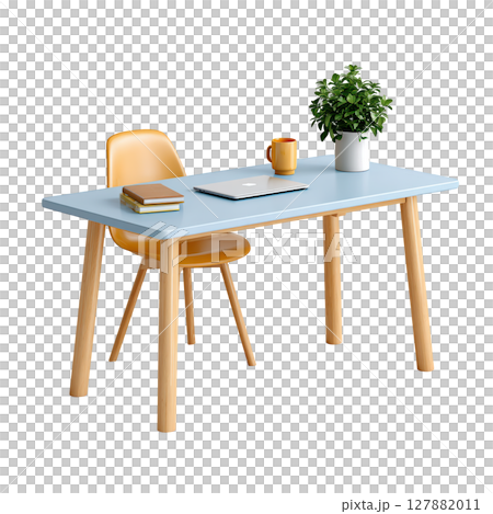 Modern minimalistic desk with chair, plant, coffee cup, and notepad in bright workspace setting for productivity and design Modern minimalistic desk with chair, plant, coffee cup, and notepad in bright workspace setting for productivity and design 127882011