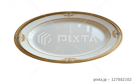 luxurious oval porcelain dinner plate with intricate gold detailing, perfect for elegant dining occasions 127882102