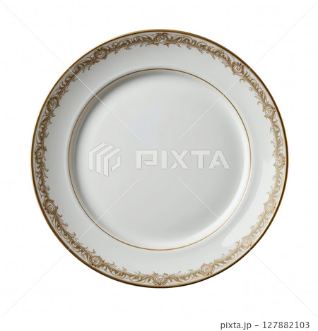 luxurious porcelain dinner plate with round shape and elegant gold detailing, perfect for upscale dining experiences 127882103