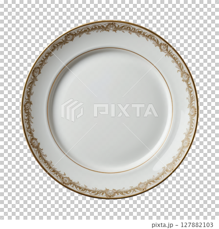luxurious porcelain dinner plate with round shape and elegant gold detailing, perfect for upscale dining experiences 127882103