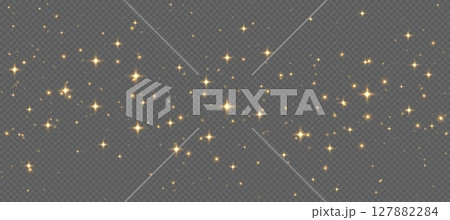 Golden sparkling stars, shiny particles light effect, transparent flying stardust texture 127882284