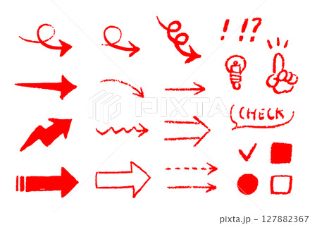 手書き風の矢印と記号セット(赤)— ラフで目を引く赤インク素材 手書き風の矢印と記号セット(赤)— ラフで目を引く赤インク素材 127882367