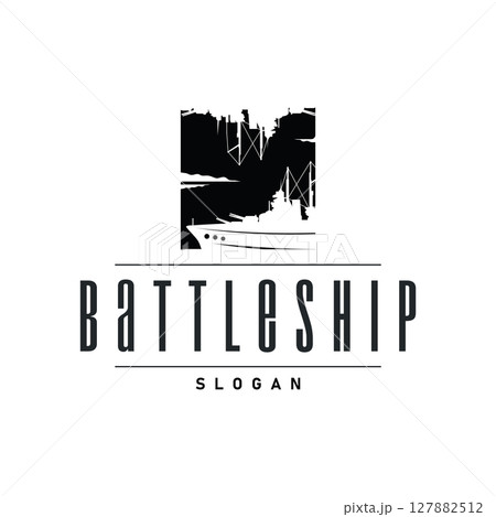 Military warship logo design, war ocean transport with ship icon with heavy weapons with black silhouette as brand template symbol and illustration Military warship logo design, war ocean transport with ship icon with heavy weapons with black silhouette as brand template symbol and illustration 127882512