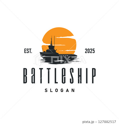 Military warship logo design, war ocean transport with ship icon with heavy weapons with black silhouette as brand template symbol and illustration 127882517