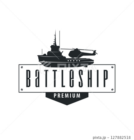 Military warship logo design, war ocean transport with ship icon with heavy weapons with black silhouette as brand template symbol and illustration 127882518