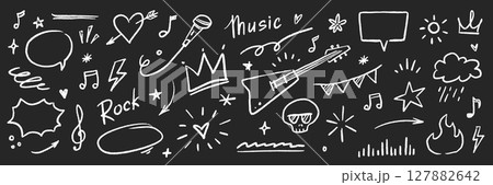 Doodle icon drawn punk music sketch set. Punk brush stroke texture with grunge lightning, arrow, speech bubble icon. Vector drawn guitar, crown, fire, crayon arrow doodle line. Vector Doodle icon drawn punk music sketch set. Punk brush stroke texture with grunge lightning, arrow, speech bubble icon. Vector drawn guitar, crown, fire, crayon arrow doodle line. Vector 127882642
