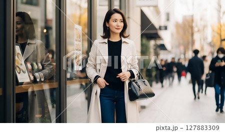 都会のトレンチコート女性ポートレート 127883309