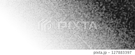 Grunge halftone gradient texture. Black pixelated backdrop. Weathered grit noise background. Damaged glitched print overlay. Fading gritty sand wallpaper. Vector smudged texture template surface 127883397