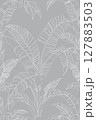 White outline banana leaves arranged in a seamless vector pattern over a plain gray backdrop, suitable for wallpaper or fabric, vector and illustration. 127883503