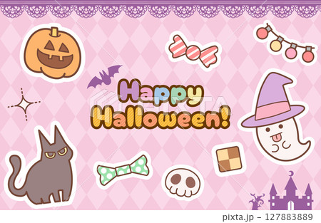 かわいいハロウィンイラストセット（ゴーストと黒猫とかぼちゃ） 127883889