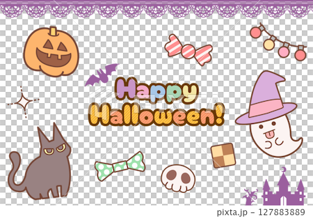 かわいいハロウィンイラストセット（ゴーストと黒猫とかぼちゃ） 127883889