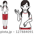 右手をあげて案内する体操服の女子高生 127884091