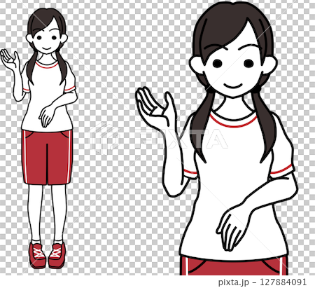 一名身穿運動服的高中女生舉起右手引導 127884091