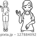 右手をあげて案内する体操服の女子高生線画 127884092